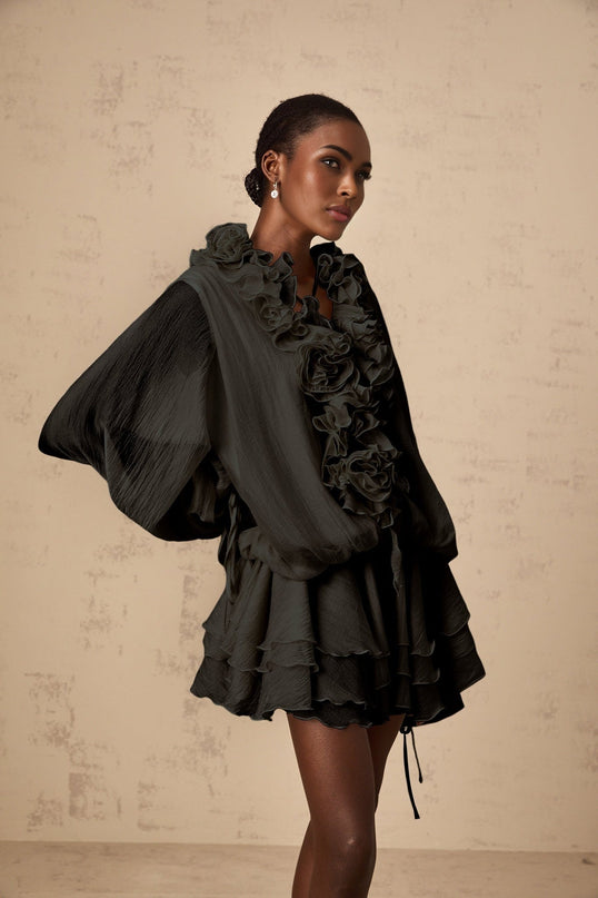 Viola Black Floral Applique Mini Dress with Ruffled Detailing V-neck Long Puff Sleeves Flared Cuffs Semi-Sheer Tiered Skirt Self-Tie Design Half Lining Thigh-Length 100% Terylene Fiber Luxury Fashion