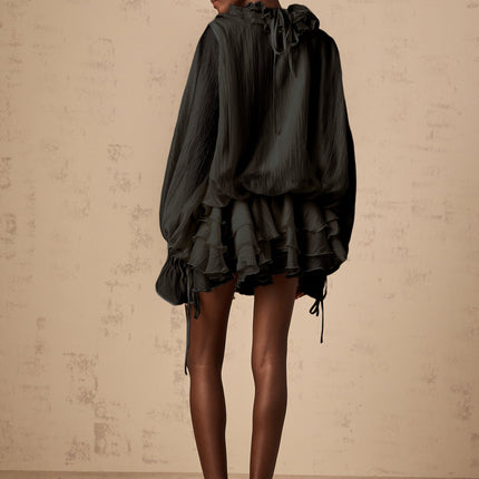 Viola Black Floral Appliqué Ruffled Mini Dress
