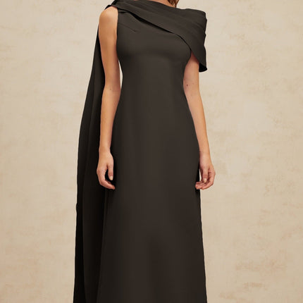 Viola Black One Shoulder Maxi Dress with Cape Design and Ruched Detailing