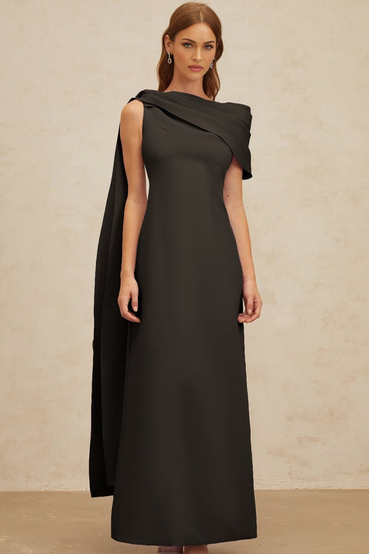 Viola Black One Shoulder Maxi Dress with Cape Design and Ruched Detailing
