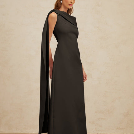 Viola Black One Shoulder Cape Maxi Dress with Ruched Detailing and Rear Slit