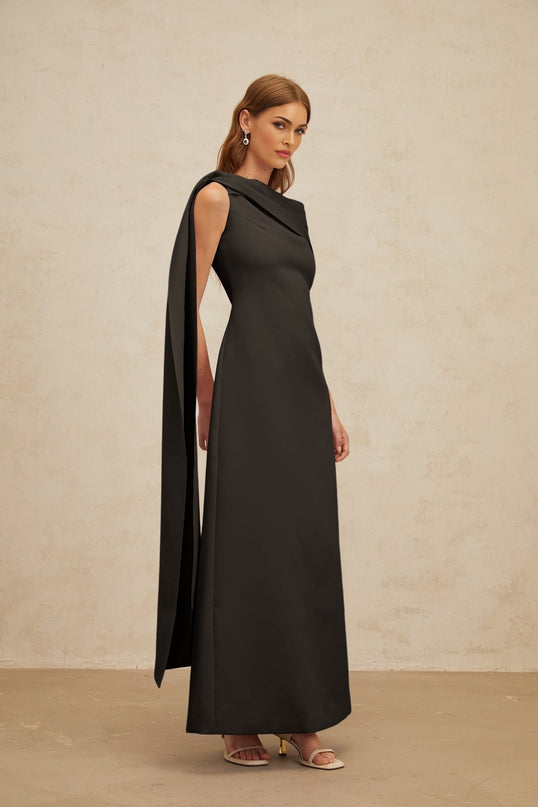 Viola Black One Shoulder Cape Maxi Dress with Ruched Detailing and Rear Slit