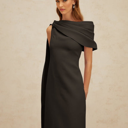 Viola Black Maxi Dress with Cape Design and Ruched Detailing