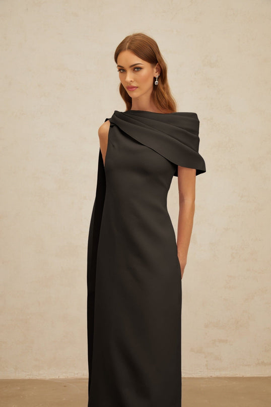 Viola Black Maxi Dress with Cape Design and Ruched Detailing