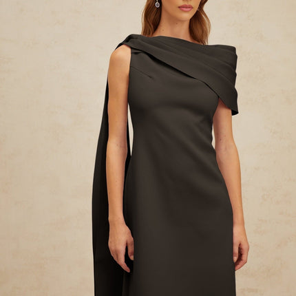 Viola Black One Shoulder Maxi Dress with Cape Design and Ruched Detailing