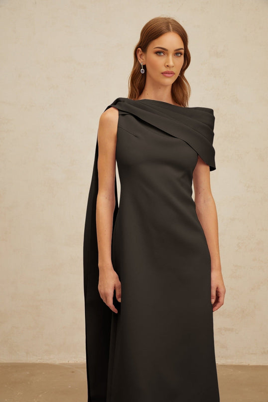 Viola Black One Shoulder Maxi Dress with Cape Design and Ruched Detailing