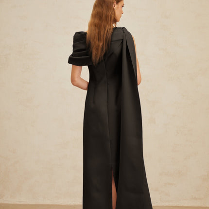 Viola Black One Shoulder Maxi Dress with Cape Design and Ruched Detailing