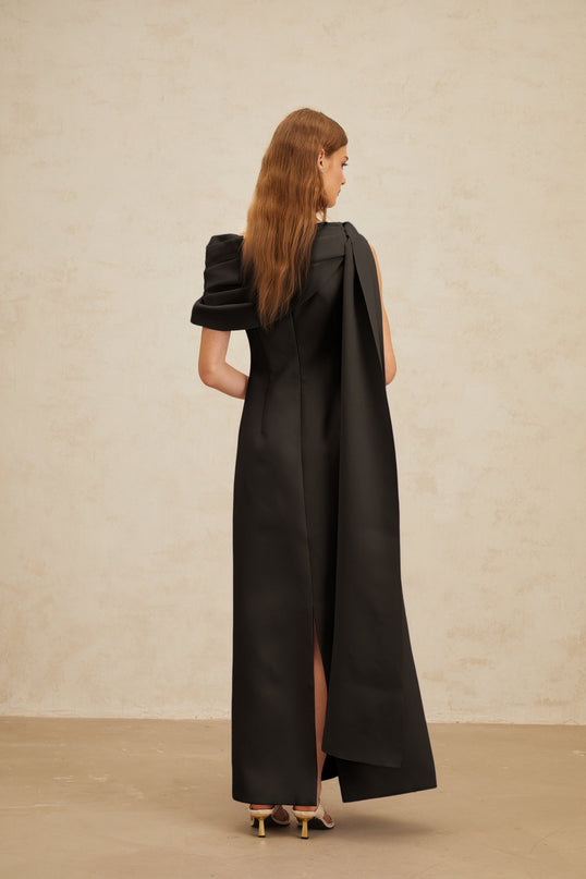 Viola Black One Shoulder Maxi Dress with Cape Design and Ruched Detailing