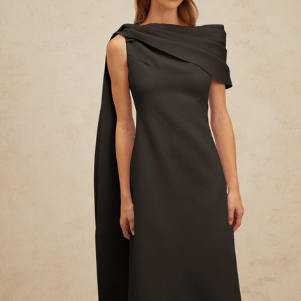 Viola Black One Shoulder Maxi Dress with Cape Design and Ruched Detailing