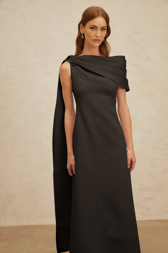 Viola Black One Shoulder Maxi Dress with Cape Design and Ruched Detailing