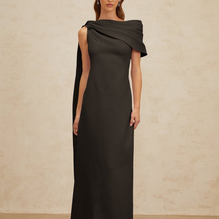 Viola Black One-Shoulder Maxi Dress with Cape Design and Ruched Detailing