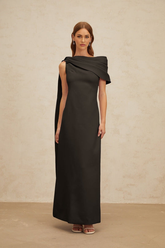 Viola Black One-Shoulder Maxi Dress with Cape Design and Ruched Detailing