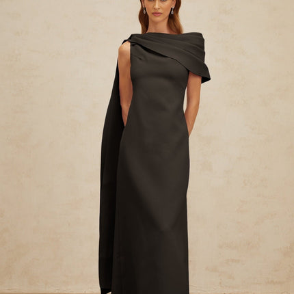 Viola Black One-Shoulder Maxi Dress with Cape Design and Ruched Detailing