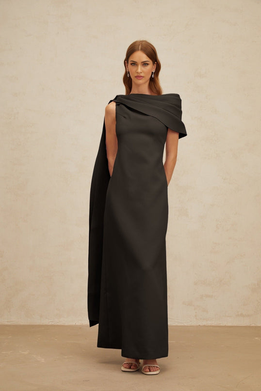 Viola Black One-Shoulder Maxi Dress with Cape Design and Ruched Detailing
