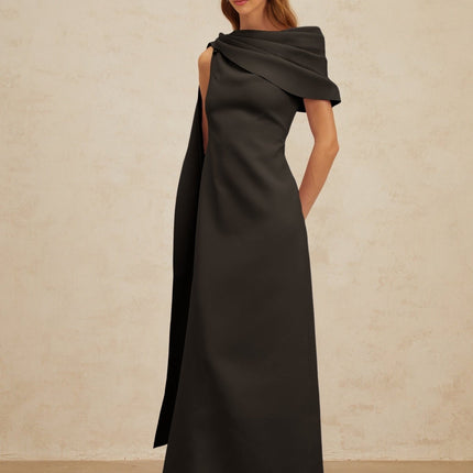 Viola Black One Shoulder Maxi Dress with Cape Design and Ruched Detailing