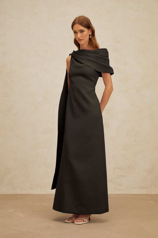 Viola Black One Shoulder Maxi Dress with Cape Design and Ruched Detailing