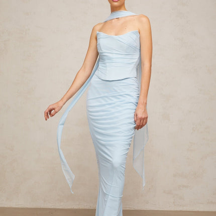 Viola Blue Skirt Top Set Nylon Spandex Corset Ruched Scarf Maxi Zip Elegant Sophisticated Glamour