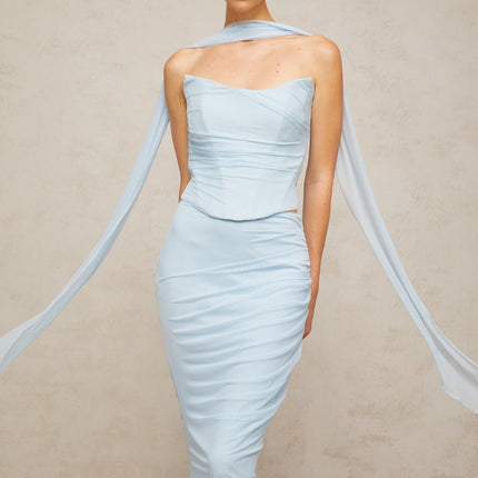 Viola Blue Skirt Top Set Nylon Spandex Corset Ruched Scarf Maxi Length Side Zip Elegance Sophistication Glamour