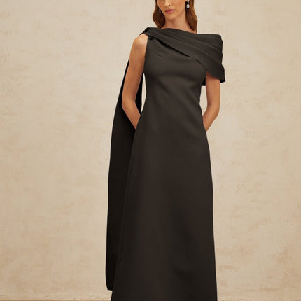 Viola Black One-Shoulder Maxi Dress with Cape Design and Ruched Detailing