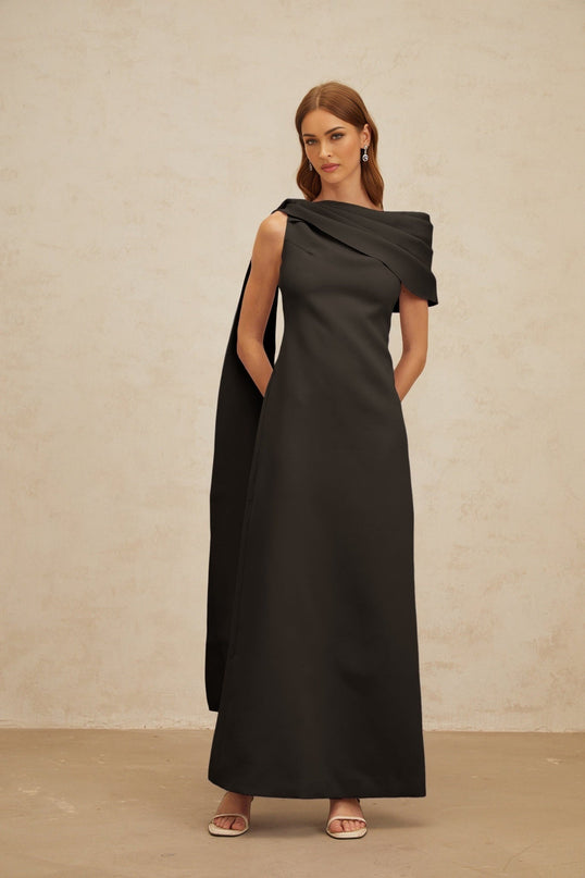 Viola Black One-Shoulder Maxi Dress with Cape Design and Ruched Detailing