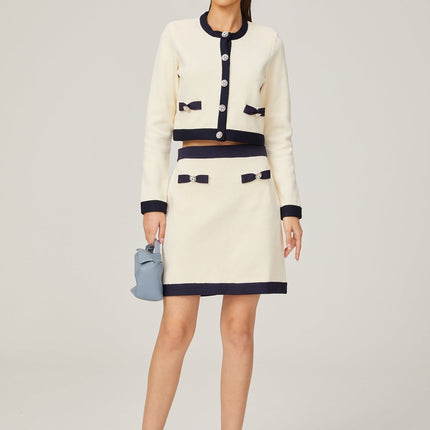 Viola White Cardigan and Skirt Matching Set with Bow Detail