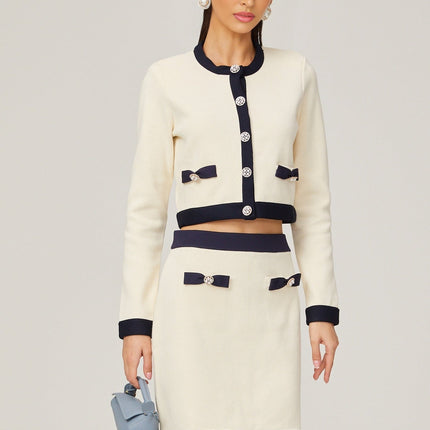 Viola White Cardigan Skirt Matching Set Bow Detail Alpaca Wool Polyamide Knitted Stretch Jersey Thigh Length