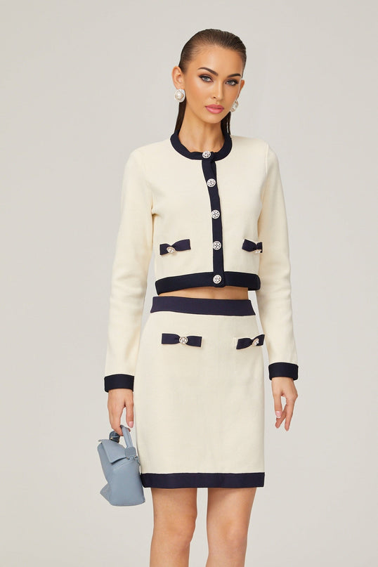 Viola White Cardigan Skirt Matching Set Bow Detail Alpaca Wool Polyamide Knitted Stretch Jersey Thigh Length