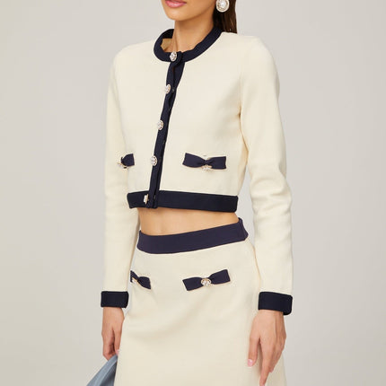 Viola White Cardigan Skirt Matching Set Bow Detail Alpaca Wool Polyamide Knitted Stretch Jersey Thigh-Length