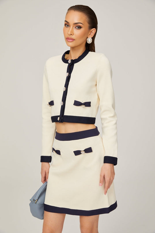 Viola White Cardigan Skirt Matching Set Bow Detail Alpaca Wool Polyamide Knitted Stretch Jersey Thigh-Length