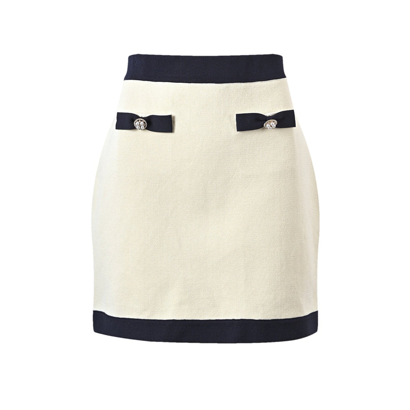 Viola White Cardigan Skirt Matching Set Bow Detail Alpaca Wool Polyamide Knitted Stretch Jersey Thigh-length