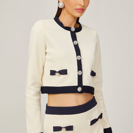 Viola White Cardigan Skirt Matching Set Bow Detail Alpaca Wool Polyamide Stretch Jersey