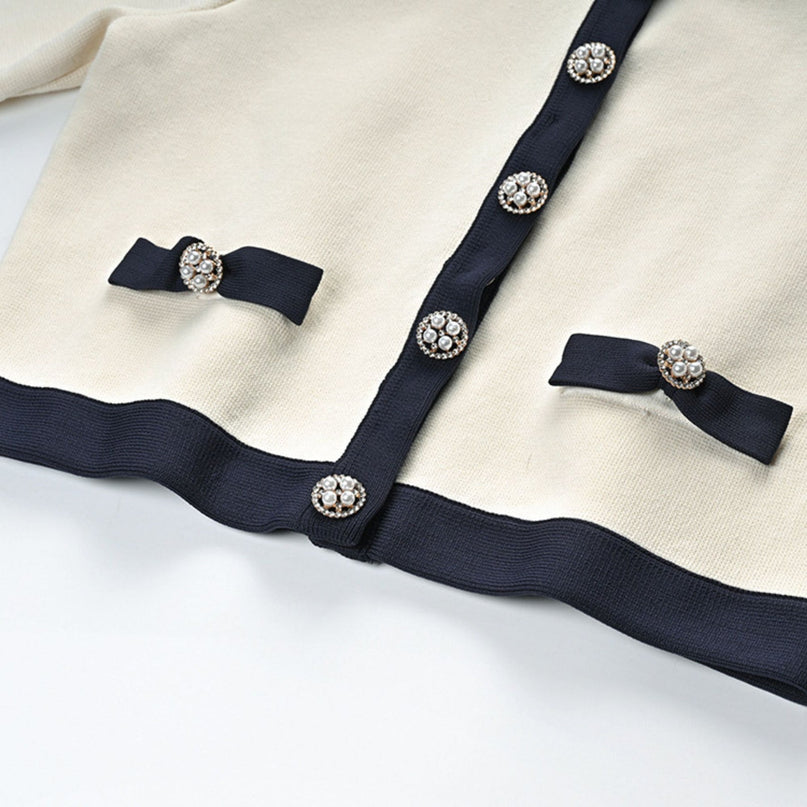 Viola White Cardigan Skirt Matching Set Bow Detail Alpaca Wool Polyamide Knitted Stretch Jersey Thigh Length