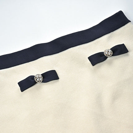 Viola White Cardigan Skirt Matching Set Bow Detail Knitted Alpaca Wool Polyamide Stretch Jersey Cropped Design