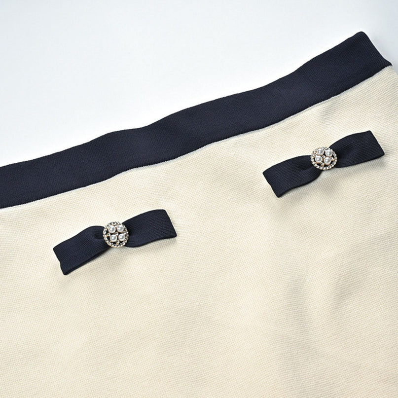 Viola White Cardigan Skirt Matching Set Bow Detail Knitted Alpaca Wool Polyamide Stretch Jersey Cropped Design