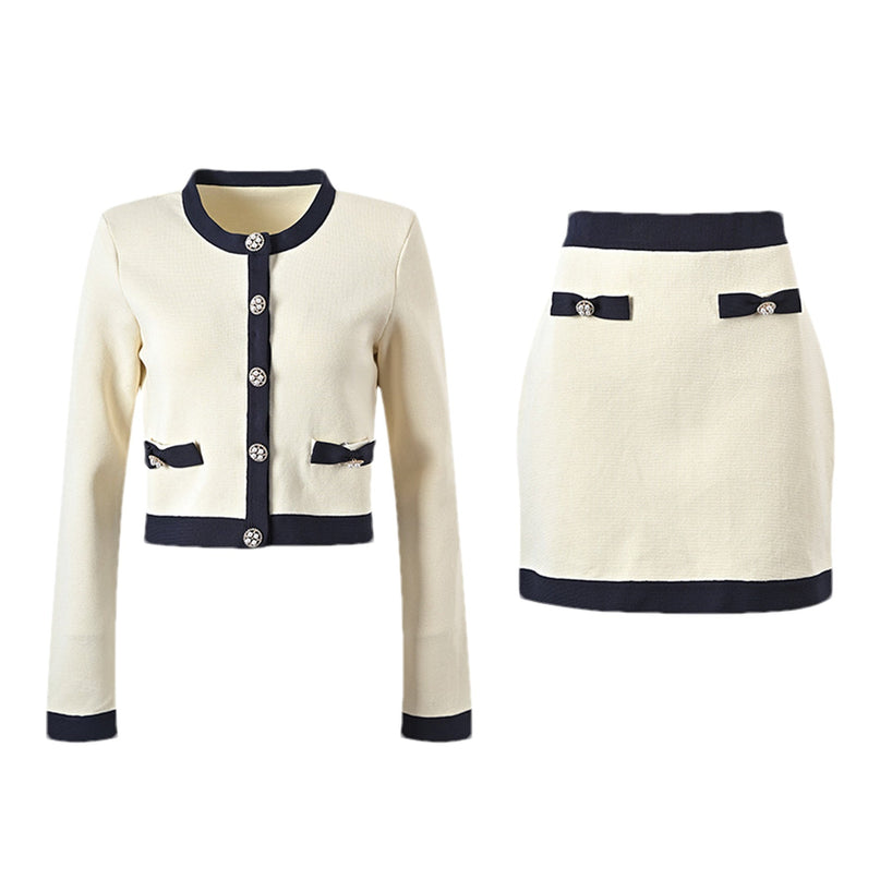 Viola White Cardigan Skirt Matching Set Bow Detail Alpaca Wool Polyamide Knitted Stretch Jersey Thigh Length