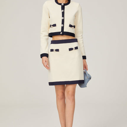 Viola White Cardigan Skirt Matching Set Bow Detail Alpaca Wool Polyamide Knitted Stretch Jersey Thigh Length