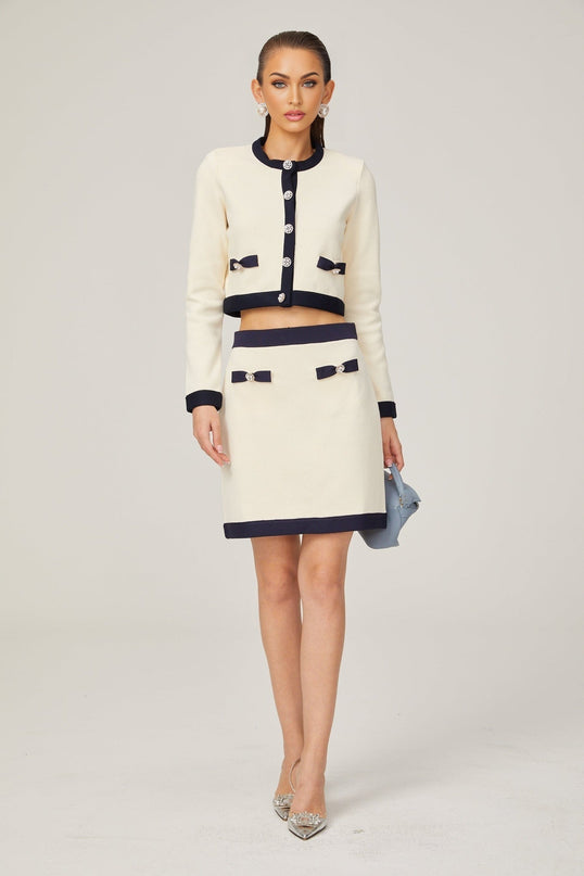 Viola White Cardigan Skirt Matching Set Bow Detail Alpaca Wool Polyamide Knitted Stretch Jersey Thigh Length