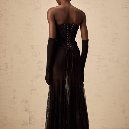 Violaine Black Floral Lace Corset & Tulle Skirt Set