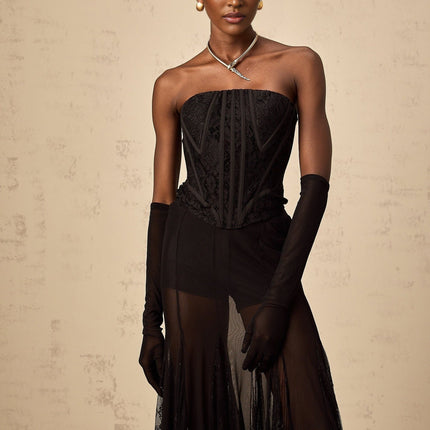 Violaine Black Floral Lace Corset Tulle Skirt Set