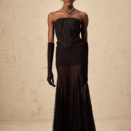 Violaine Black Floral Lace Corset Tulle Skirt Set