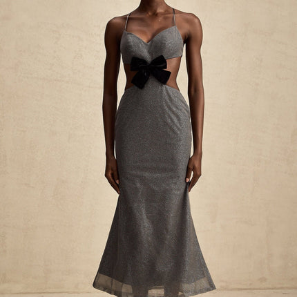 Violaine Grey Sequin Cutout Midi Dress