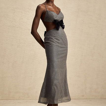 Violaine Grey Sequin Cutout Midi Dress