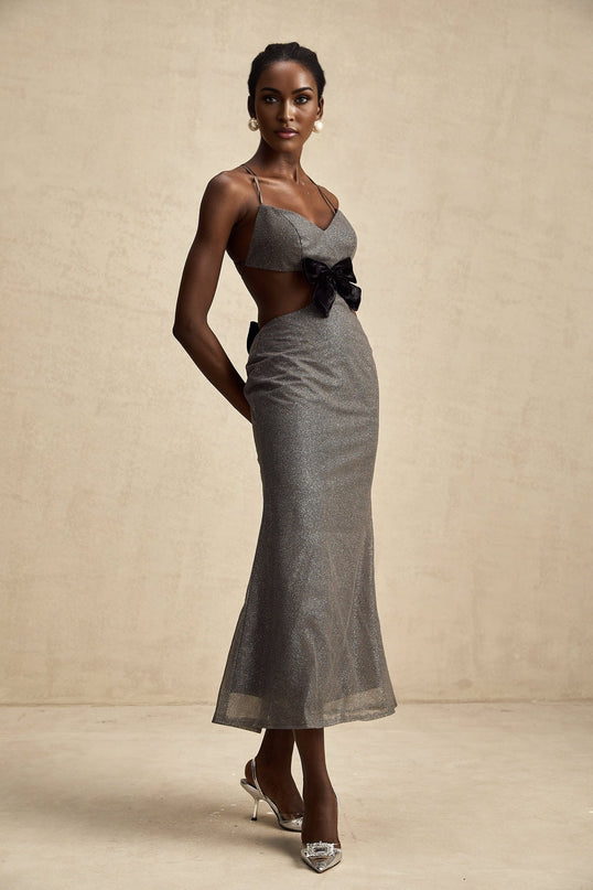 Violaine Grey Sequin Cutout Midi Dress