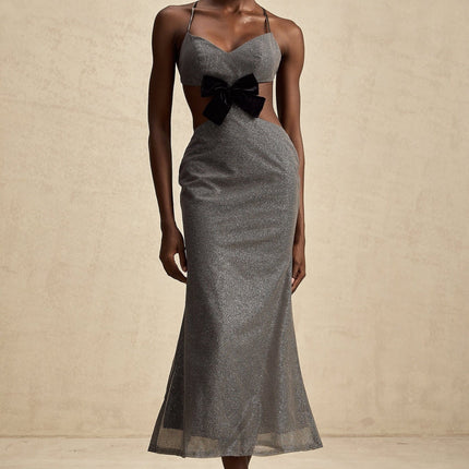 Violaine Grey Sequin Cutout Midi Dress