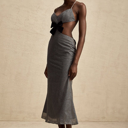 Violaine Grey Sequin Cutout Midi Dress