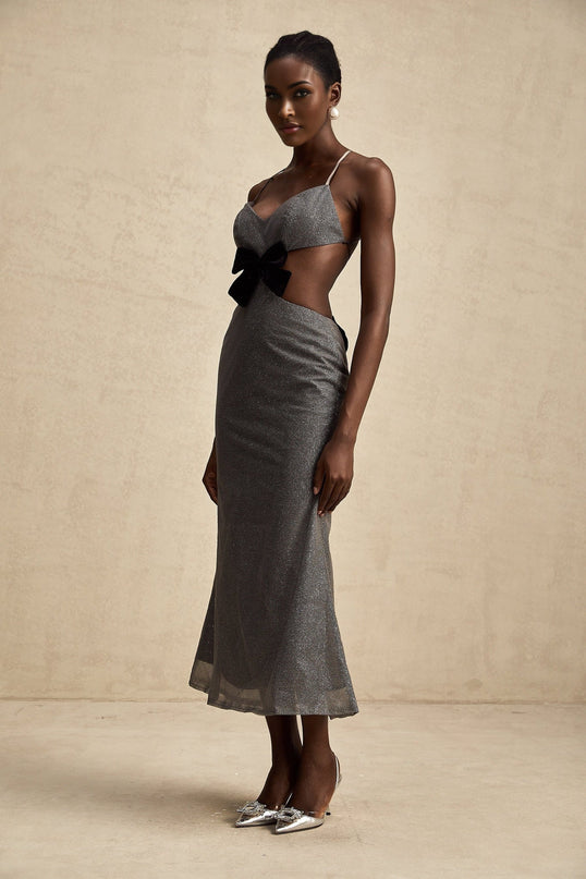 Violaine Grey Sequin Cutout Midi Dress