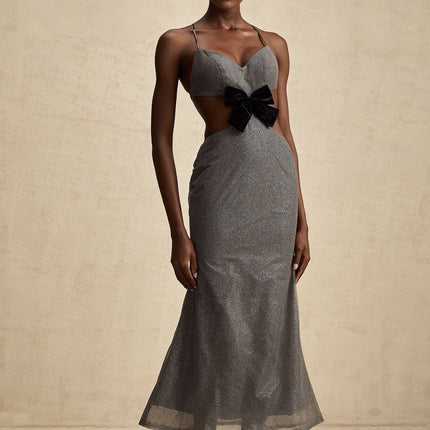 Violaine Grey Sequin Cutout Midi Dress