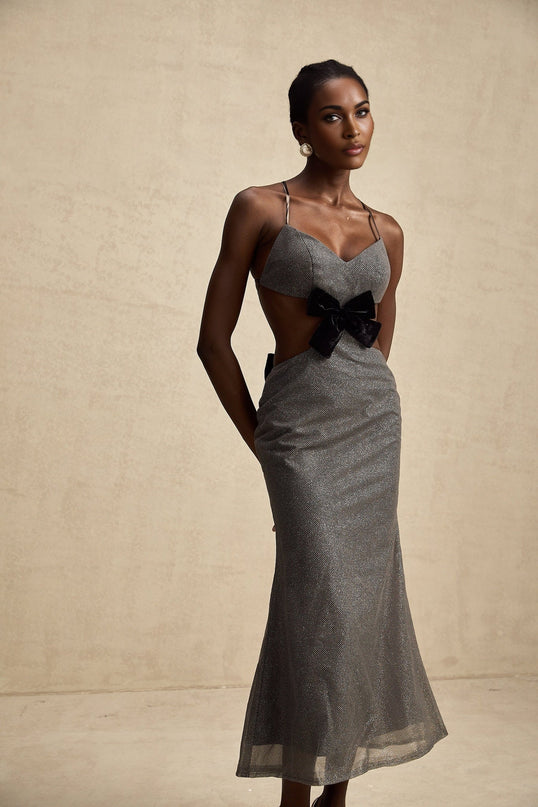 Violaine Grey Sequin Cutout Midi Dress
