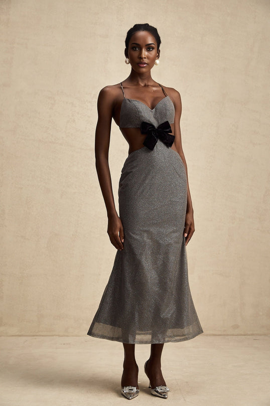Violaine midi dress with open back and sequin embellishments
