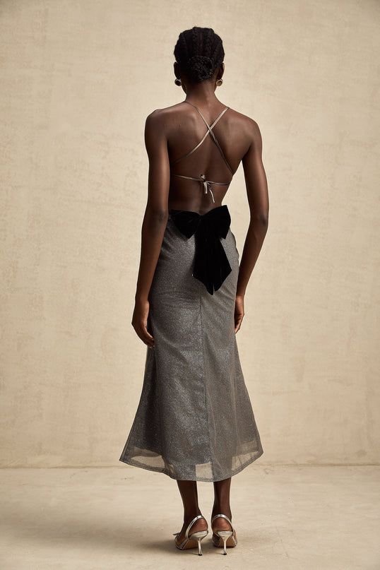 Violaine midlength dress with open back and sequin embellishments